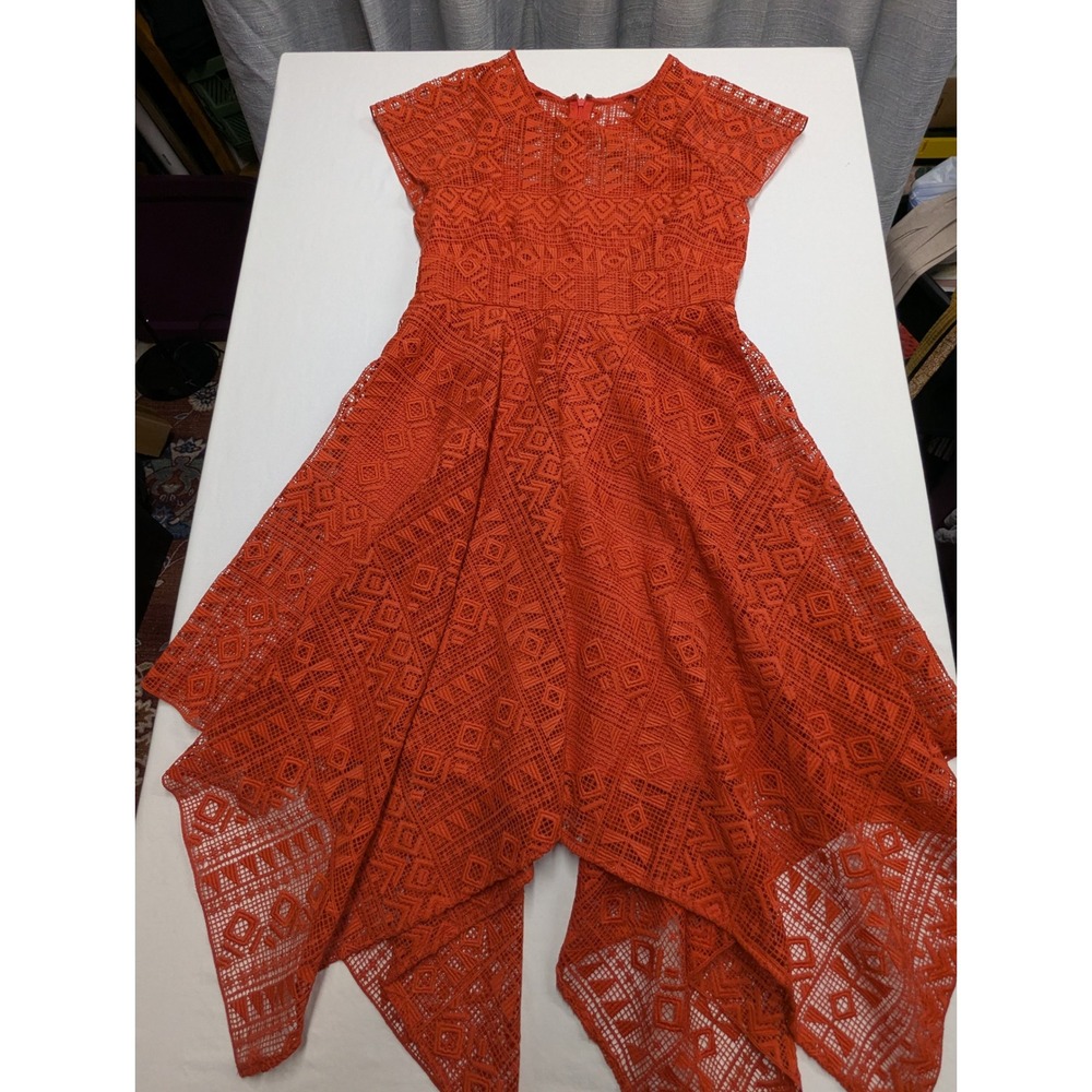 Rust Red Geometric Lace Handkerchief Hem Dress Size 4